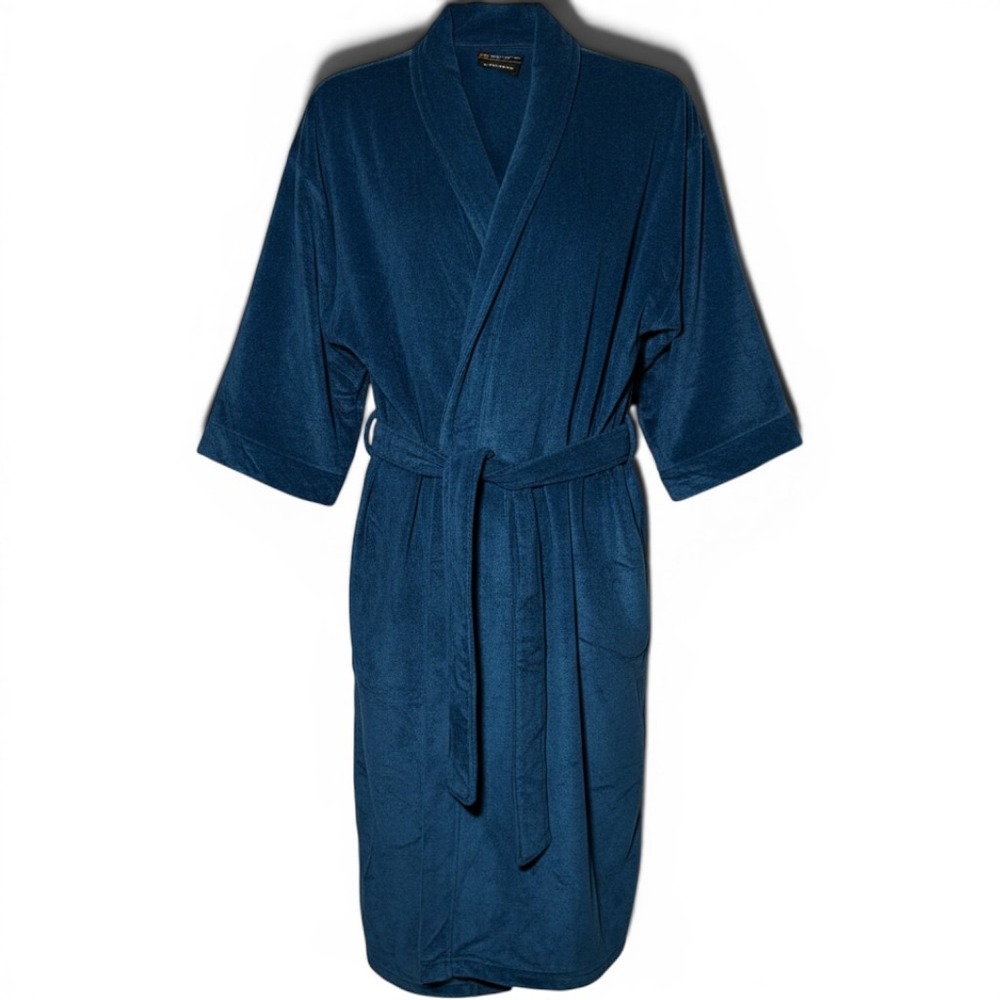 Vtg JCPenney MW Robe Mens Blue Velour Plush Belted Pockets Lounge Kimono Lounge